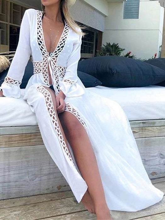 Women's Dresses Lace Hollow Heatproof Cardigan Long Sleeve Dress - Maxi Dresses - Instastyled | Online Fashion Free Shipping Clothing, Dresses, Tops, Shoes - 18/01/2022 - 30-40 - color-beige