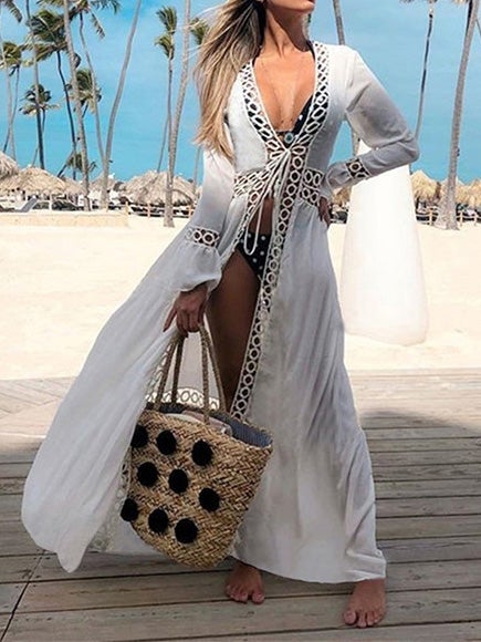 Women's Dresses Lace Hollow Heatproof Cardigan Long Sleeve Dress - Maxi Dresses - Instastyled | Online Fashion Free Shipping Clothing, Dresses, Tops, Shoes - 18/01/2022 - 30-40 - color-beige