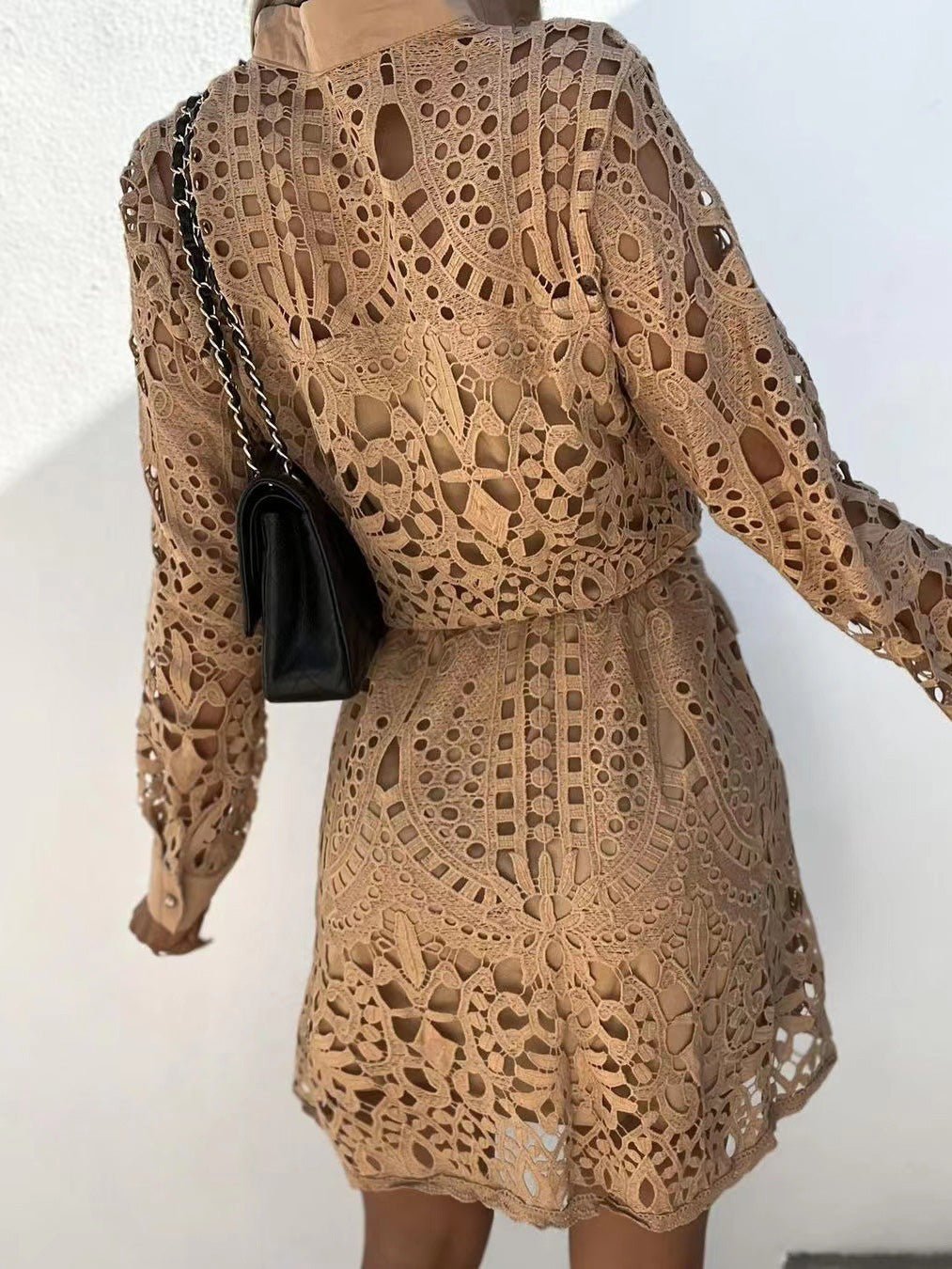 Women's Dresses Lace Lace-Up Long Sleeve Mini Dress - Mini Dresses - Instastyled | Online Fashion Free Shipping Clothing, Dresses, Tops, Shoes - 15/02/2022 - color-black - color-brown