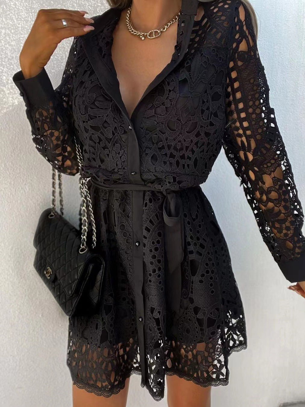 Women's Dresses Lace Lace-Up Long Sleeve Mini Dress - Mini Dresses - Instastyled | Online Fashion Free Shipping Clothing, Dresses, Tops, Shoes - 15/02/2022 - color-black - color-brown