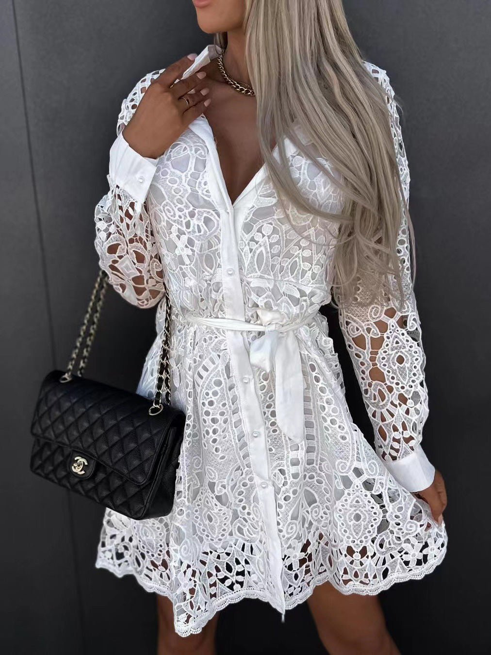 Women's Dresses Lace Lace-Up Long Sleeve Mini Dress - Mini Dresses - Instastyled | Online Fashion Free Shipping Clothing, Dresses, Tops, Shoes - 15/02/2022 - color-black - color-brown