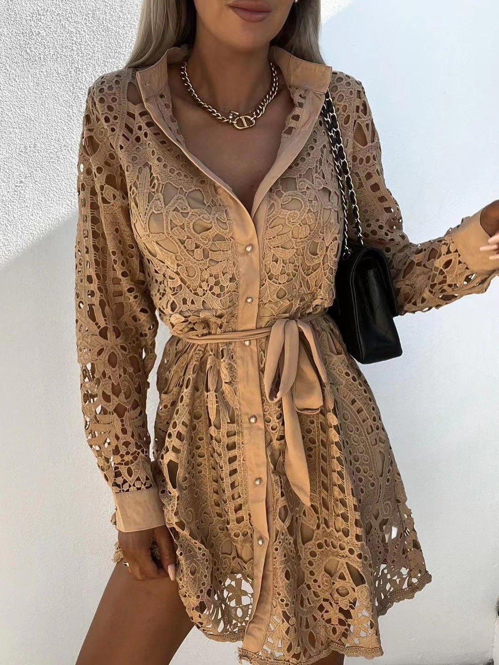 Women's Dresses Lace Lace-Up Long Sleeve Mini Dress - Mini Dresses - Instastyled | Online Fashion Free Shipping Clothing, Dresses, Tops, Shoes - 15/02/2022 - color-black - color-brown