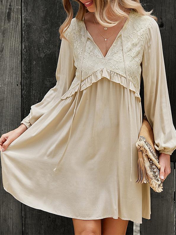 Women's Dresses Lace Stitching V-Neck Long Sleeve Dress - Mini Dresses - Instastyled | Online Fashion Free Shipping Clothing, Dresses, Tops, Shoes - 09/12/2021 - 30-40 - color-apricot