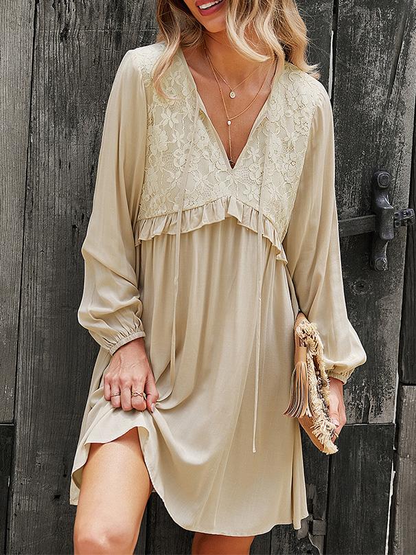 Women's Dresses Lace Stitching V-Neck Long Sleeve Dress - Mini Dresses - Instastyled | Online Fashion Free Shipping Clothing, Dresses, Tops, Shoes - 09/12/2021 - 30-40 - color-apricot