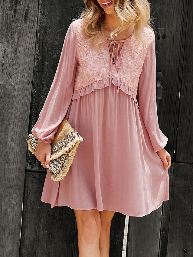 Women's Dresses Lace Stitching V-Neck Long Sleeve Dress - Mini Dresses - Instastyled | Online Fashion Free Shipping Clothing, Dresses, Tops, Shoes - 09/12/2021 - 30-40 - color-apricot