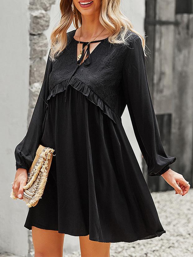 Women's Dresses Lace Stitching V-Neck Long Sleeve Dress - Mini Dresses - Instastyled | Online Fashion Free Shipping Clothing, Dresses, Tops, Shoes - 09/12/2021 - 30-40 - color-apricot