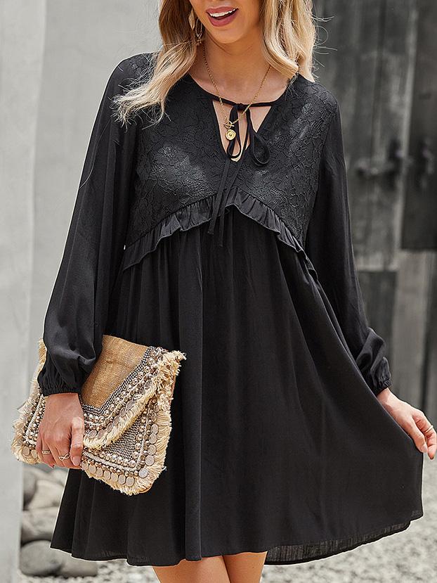 Women's Dresses Lace Stitching V-Neck Long Sleeve Dress - Mini Dresses - Instastyled | Online Fashion Free Shipping Clothing, Dresses, Tops, Shoes - 09/12/2021 - 30-40 - color-apricot