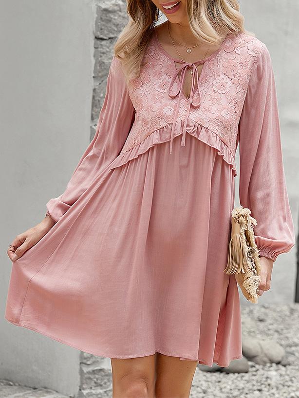 Women's Dresses Lace Stitching V-Neck Long Sleeve Dress - Mini Dresses - Instastyled | Online Fashion Free Shipping Clothing, Dresses, Tops, Shoes - 09/12/2021 - 30-40 - color-apricot