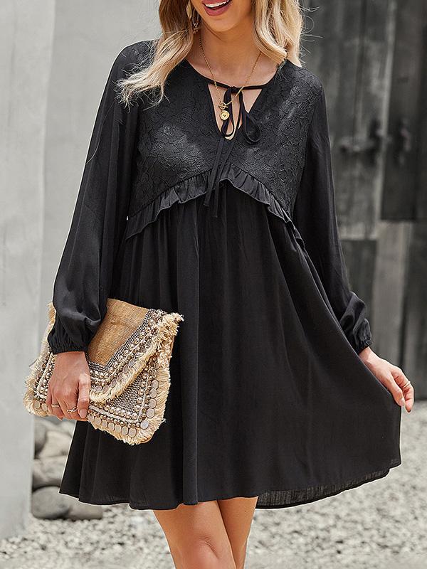 Women's Dresses Lace Stitching V-Neck Long Sleeve Dress - Mini Dresses - Instastyled | Online Fashion Free Shipping Clothing, Dresses, Tops, Shoes - 09/12/2021 - 30-40 - color-apricot