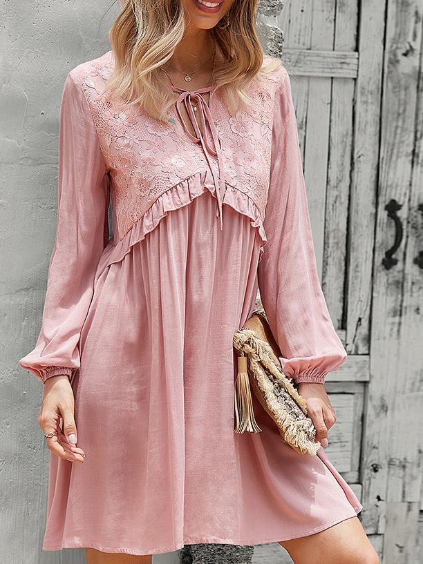 Women's Dresses Lace Stitching V-Neck Long Sleeve Dress - Mini Dresses - Instastyled | Online Fashion Free Shipping Clothing, Dresses, Tops, Shoes - 09/12/2021 - 30-40 - color-apricot