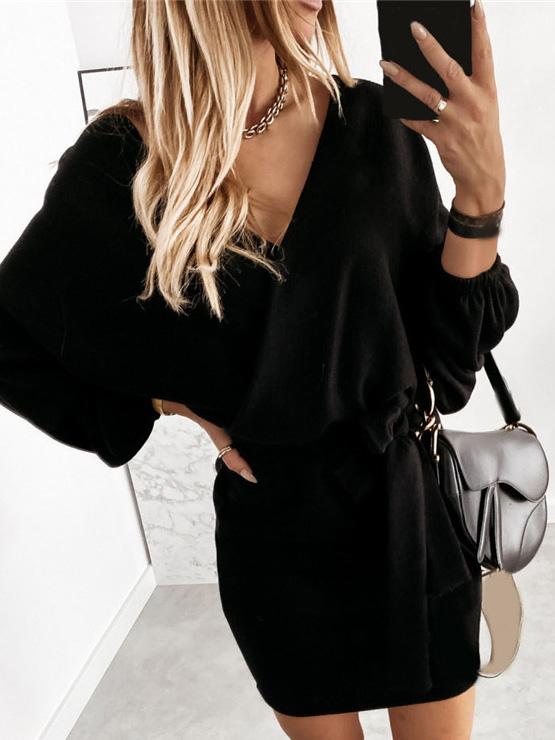 Women's Dresses Lace-Up Solid V-Neck Long Sleeve Dress - Mini Dresses - INS | Online Fashion Free Shipping Clothing, Dresses, Tops, Shoes - 04/09/2021 - 20-30 - Category_Mini Dresses