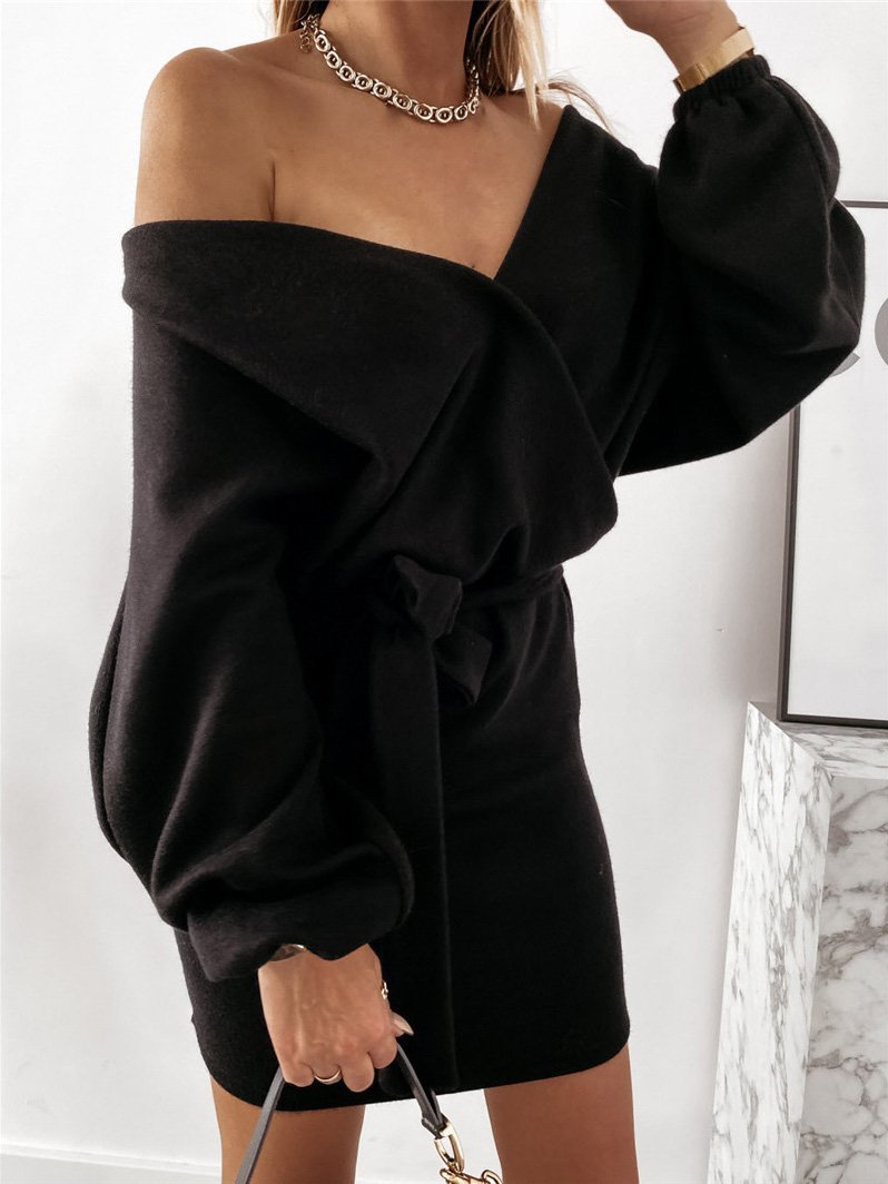 Women's Dresses Lace-Up Solid V-Neck Long Sleeve Dress - Mini Dresses - INS | Online Fashion Free Shipping Clothing, Dresses, Tops, Shoes - 04/09/2021 - 20-30 - Category_Mini Dresses