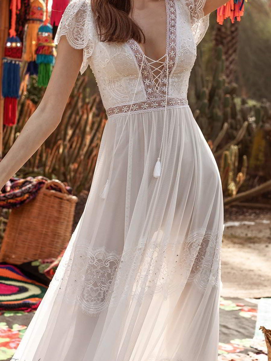 Women's Dresses Lace V-Neck Belted Maxi Dress - Maxi Dresses - Instastyled | Online Fashion Free Shipping Clothing, Dresses, Tops, Shoes - 11/01/2022 - color-white - Color_White