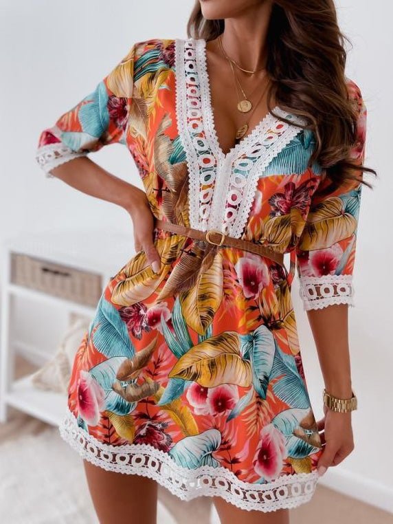 Women's Dresses Lace Vintage Print Half Sleeve Dress - Mini Dresses - Instastyled | Online Fashion Free Shipping Clothing, Dresses, Tops, Shoes - 15/02/2022 - 30-40 - color-blue