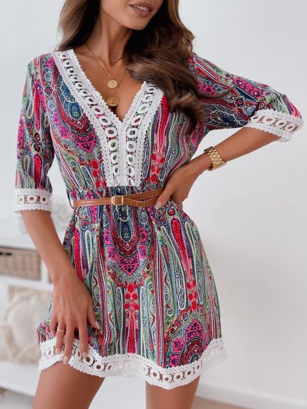 Women's Dresses Lace Vintage Print Half Sleeve Dress - Mini Dresses - Instastyled | Online Fashion Free Shipping Clothing, Dresses, Tops, Shoes - 15/02/2022 - 30-40 - color-blue