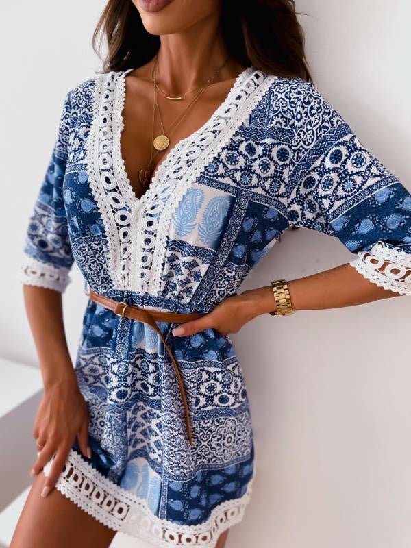 Women's Dresses Lace Vintage Print Half Sleeve Dress - Mini Dresses - Instastyled | Online Fashion Free Shipping Clothing, Dresses, Tops, Shoes - 15/02/2022 - 30-40 - color-blue