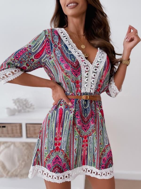 Women's Dresses Lace Vintage Print Half Sleeve Dress - Mini Dresses - Instastyled | Online Fashion Free Shipping Clothing, Dresses, Tops, Shoes - 15/02/2022 - 30-40 - color-blue