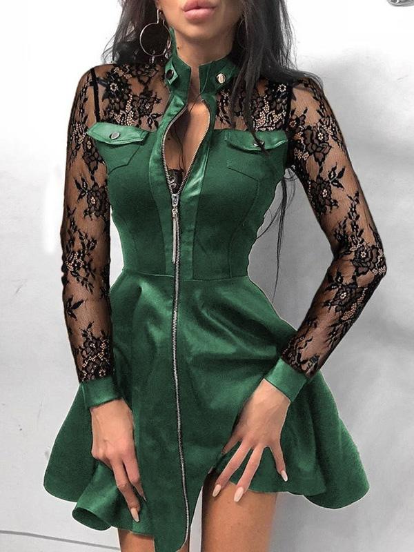 Women's Dresses Lace Zipper PU Leather Long Sleeve Mini Dress - Mini Dresses - INS | Online Fashion Free Shipping Clothing, Dresses, Tops, Shoes - 19/11/2021 - 30-40 - color-black