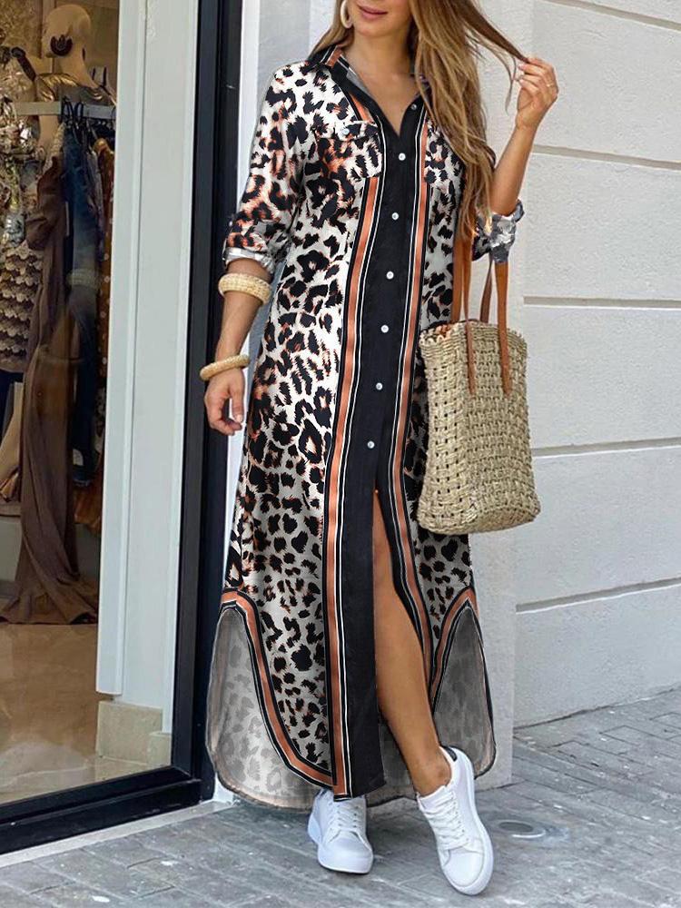 Women's Dresses Leopard Print Long Sleeve Shirt Dress - Maxi Dresses - INS | Online Fashion Free Shipping Clothing, Dresses, Tops, Shoes - 14/09/2021 - 30-40 - Category_Maxi Dresses