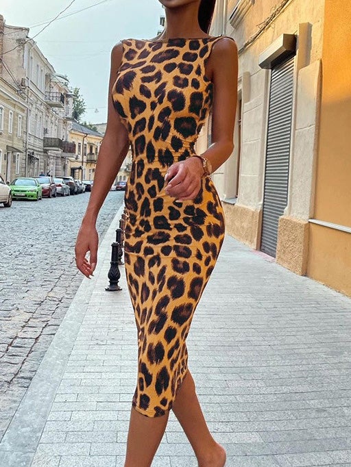 Women's Dresses Leopard Vest Bare Back Maxi Dress - Midi Dresses - Instastyled | Online Fashion Free Shipping Clothing, Dresses, Tops, Shoes - 20-30 - 20/01/2022 - color-dark_grey
