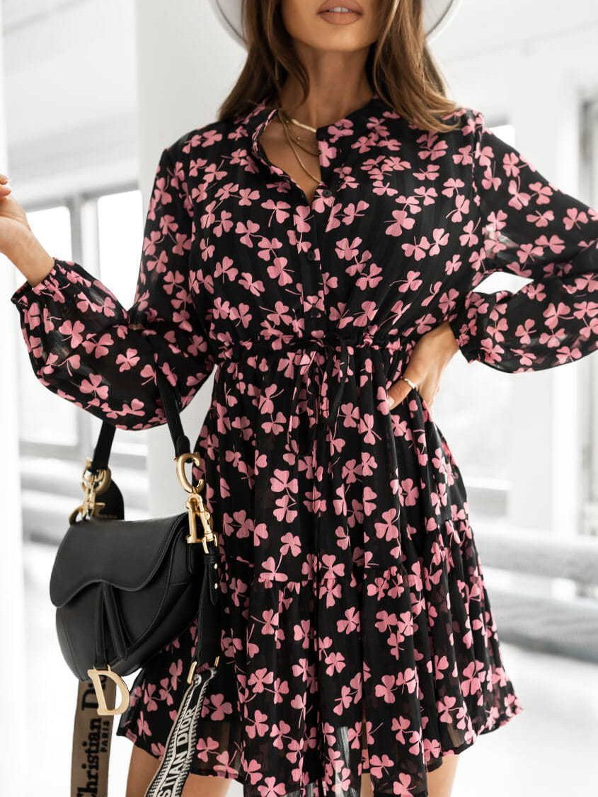 Women's Dresses Long Sleeve Button Print Mini Dress - Mini Dresses - INS | Online Fashion Free Shipping Clothing, Dresses, Tops, Shoes - 20-30 - 23/09/2021 - color-black