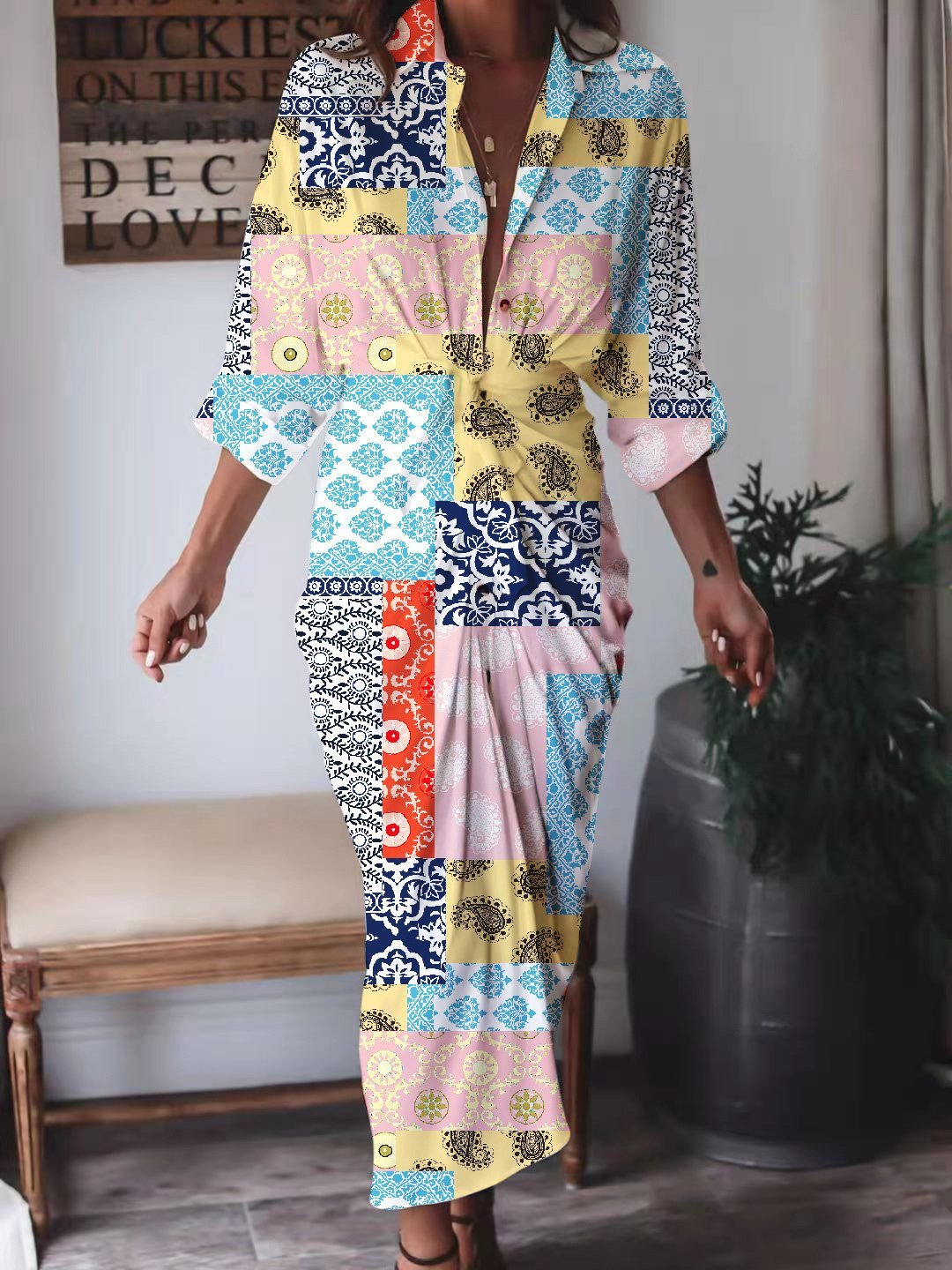 Women's Dresses Long Sleeve Multicolor Printed Temperament Shirt Dress - Maxi Dresses - INS | Online Fashion Free Shipping Clothing, Dresses, Tops, Shoes - 13/09/2021 - 30-40 - Category_Maxi Dresses