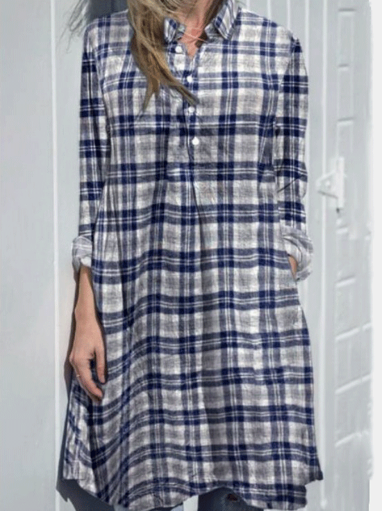 Women's Dresses Loose Check Button Long Sleeve Shirt Dress - Midi Dresses - INS | Online Fashion Free Shipping Clothing, Dresses, Tops, Shoes - 20/11/2021 - Casual Dresses - Color_Blue