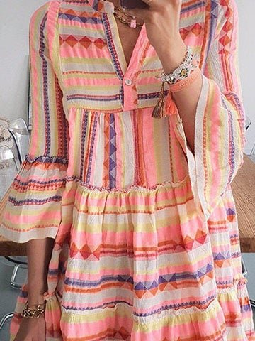Women's Dresses Loose Rainbow Stripe Print V-Neck Dress - Mini Dresses - Instastyled | Online Fashion Free Shipping Clothing, Dresses, Tops, Shoes - 13/01/2022 - 20-30 - color-yellow