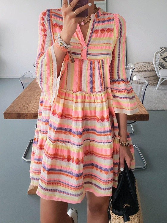 Women's Dresses Loose Rainbow Stripe Print V-Neck Dress - Mini Dresses - Instastyled | Online Fashion Free Shipping Clothing, Dresses, Tops, Shoes - 13/01/2022 - 20-30 - color-yellow