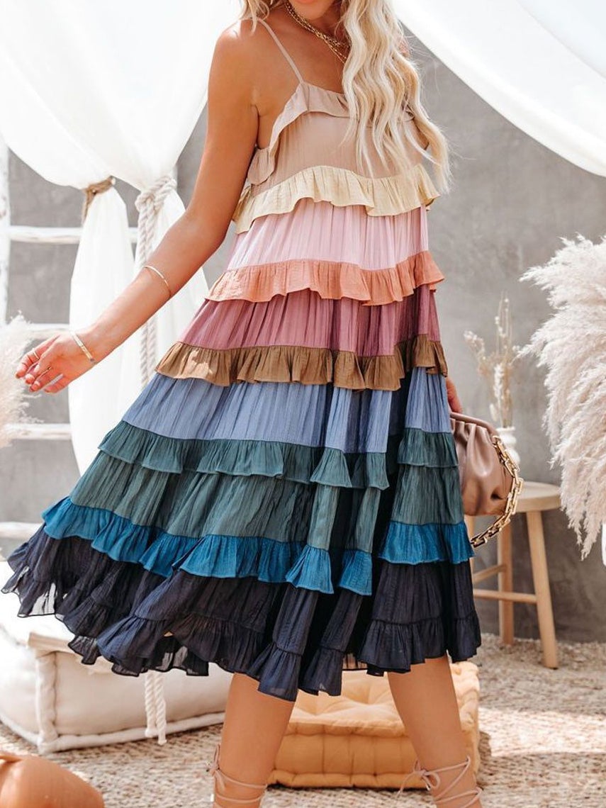 Women's Dresses Loose Strap Multicolor Ruffled Cake Midi Dress - Midi Dresses - Instastyled | Online Fashion Free Shipping Clothing, Dresses, Tops, Shoes - 31/12/2021 - color-multi - color-multicolor