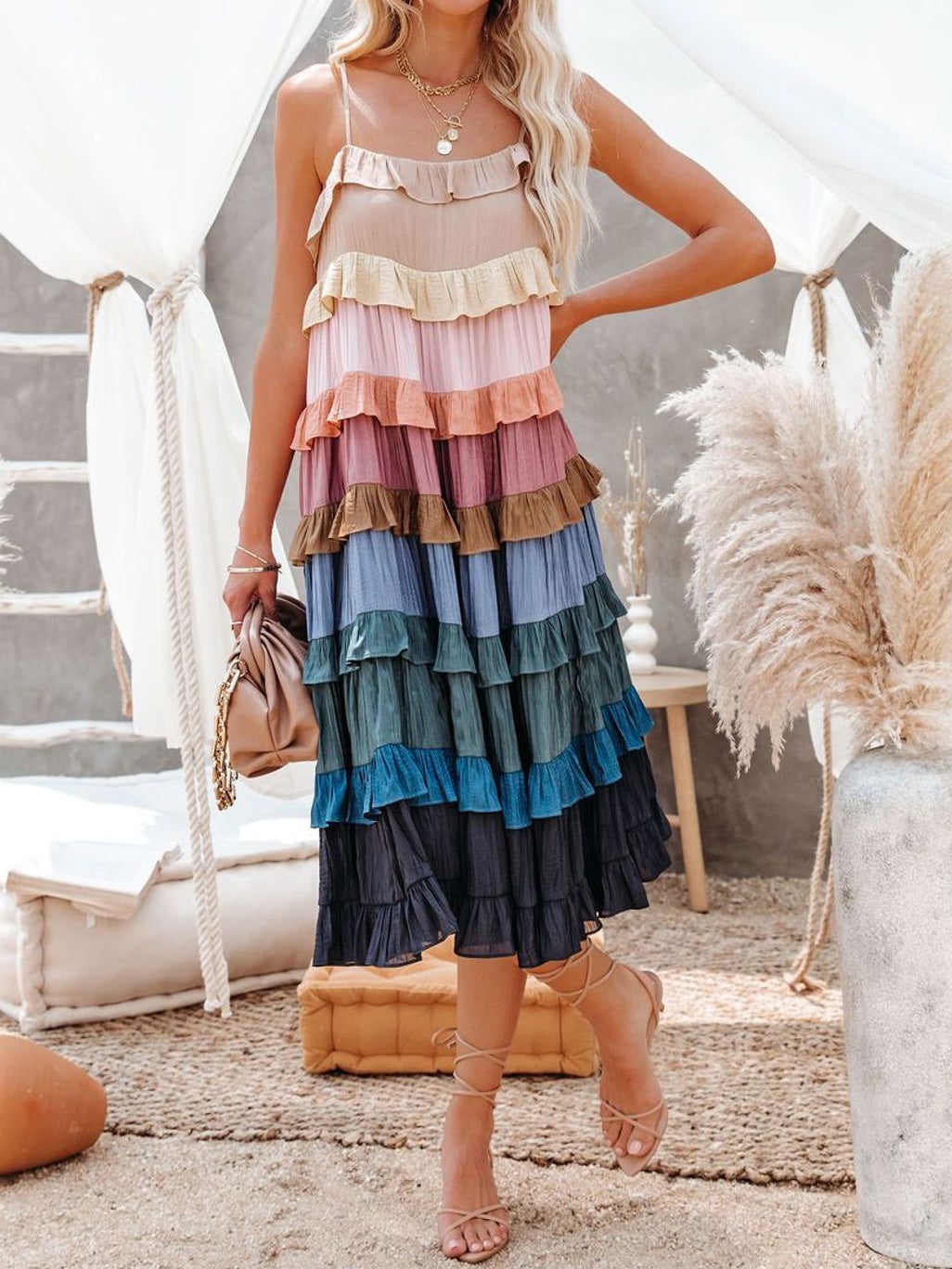 Women's Dresses Loose Strap Multicolor Ruffled Cake Midi Dress - Midi Dresses - Instastyled | Online Fashion Free Shipping Clothing, Dresses, Tops, Shoes - 31/12/2021 - color-multi - color-multicolor