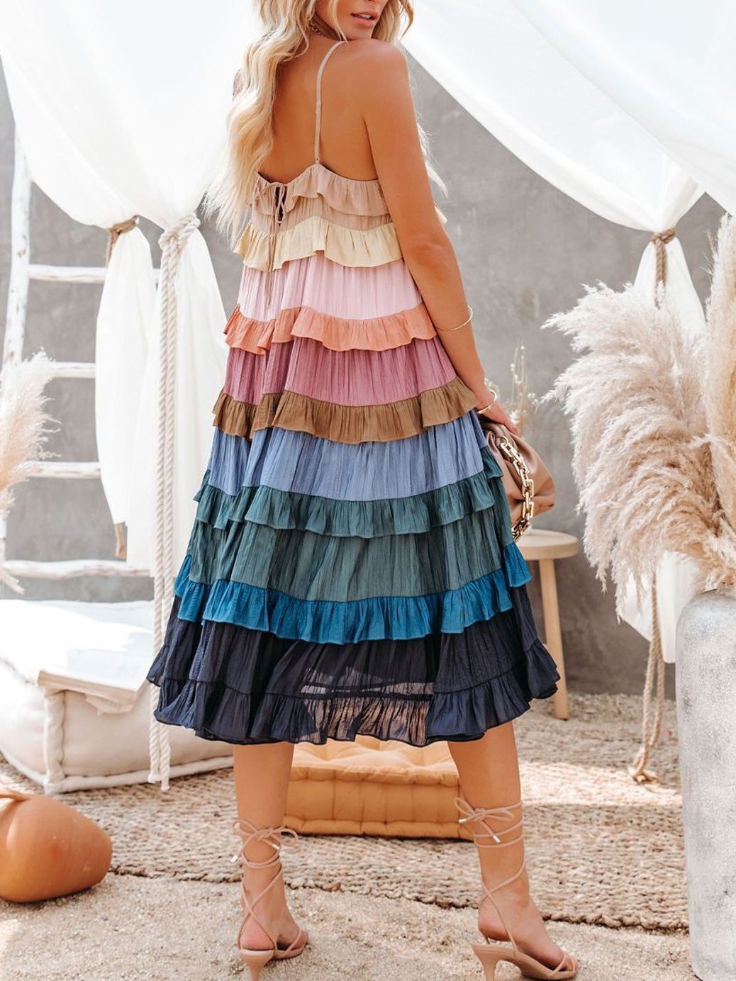 Women's Dresses Loose Strap Multicolor Ruffled Cake Midi Dress - Midi Dresses - Instastyled | Online Fashion Free Shipping Clothing, Dresses, Tops, Shoes - 31/12/2021 - color-multi - color-multicolor