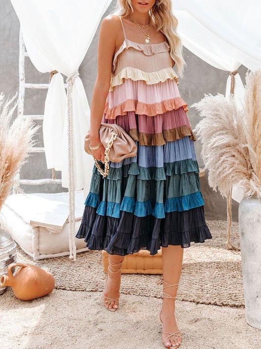 Women's Dresses Loose Strap Multicolor Ruffled Cake Midi Dress - Midi Dresses - Instastyled | Online Fashion Free Shipping Clothing, Dresses, Tops, Shoes - 31/12/2021 - color-multi - color-multicolor