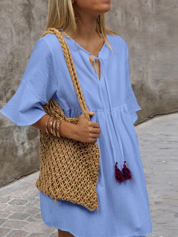 Women's Dresses Loose V-Neck Belted Simple Short Sleeve Dress - Mini Dresses - Instastyled | Online Fashion Free Shipping Clothing, Dresses, Tops, Shoes - 20-30 - 23/02/2022 - Casual Dresses