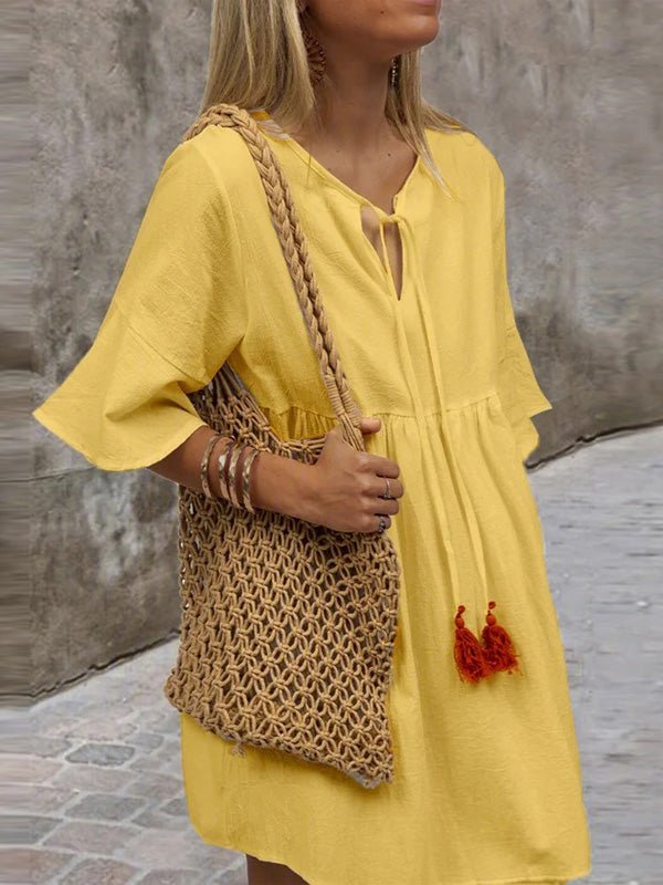 Women's Dresses Loose V-Neck Belted Simple Short Sleeve Dress - Mini Dresses - Instastyled | Online Fashion Free Shipping Clothing, Dresses, Tops, Shoes - 20-30 - 23/02/2022 - Casual Dresses