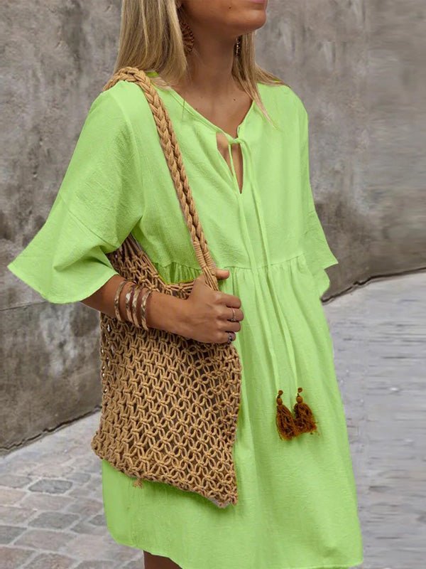 Women's Dresses Loose V-Neck Belted Simple Short Sleeve Dress - Mini Dresses - Instastyled | Online Fashion Free Shipping Clothing, Dresses, Tops, Shoes - 20-30 - 23/02/2022 - Casual Dresses