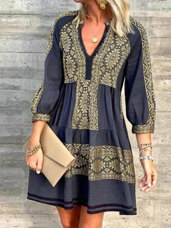 Women's Dresses Loose Vintage Print V-Neck 3/4 Sleeve Dress - Mini Dresses - Instastyled | Online Fashion Free Shipping Clothing, Dresses, Tops, Shoes - 14/01/2022 - 30-40 - color-blue