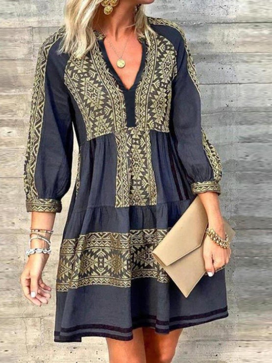 Women's Dresses Loose Vintage Print V-Neck 3/4 Sleeve Dress - Mini Dresses - Instastyled | Online Fashion Free Shipping Clothing, Dresses, Tops, Shoes - 14/01/2022 - 30-40 - color-blue