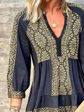 Women's Dresses Loose Vintage Print V-Neck 3/4 Sleeve Dress - Mini Dresses - Instastyled | Online Fashion Free Shipping Clothing, Dresses, Tops, Shoes - 14/01/2022 - 30-40 - color-blue