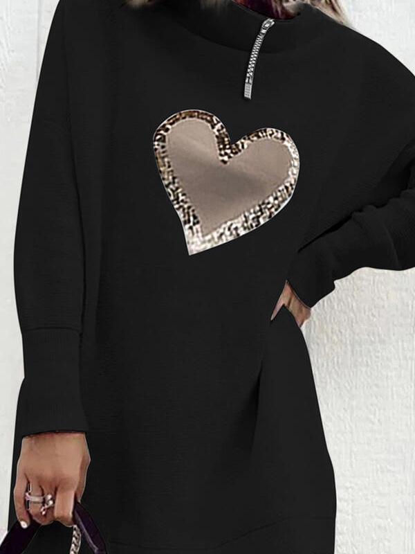 Women's Dresses Love Print Neckline Zip Long Sleeve Dress - Mini Dresses - Instastyled | Online Fashion Free Shipping Clothing, Dresses, Tops, Shoes - 06/12/2021 - 30-40 - color-black