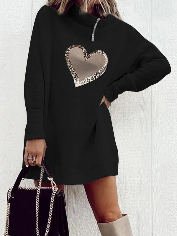 Women's Dresses Love Print Neckline Zip Long Sleeve Dress - Mini Dresses - Instastyled | Online Fashion Free Shipping Clothing, Dresses, Tops, Shoes - 06/12/2021 - 30-40 - color-black