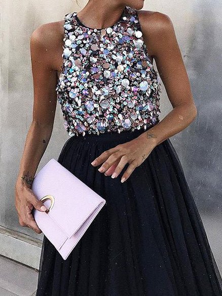 Women's Dresses Mesh Halter Sequin Sleeveless Dress - Midi Dresses - Instastyled | Online Fashion Free Shipping Clothing, Dresses, Tops, Shoes - 25/02/2022 - 40-50 - color-black