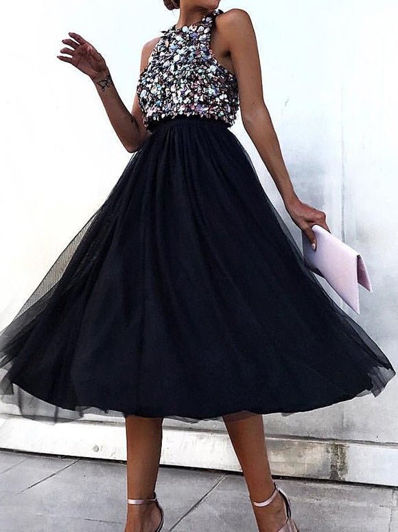 Women's Dresses Mesh Halter Sequin Sleeveless Dress - Midi Dresses - Instastyled | Online Fashion Free Shipping Clothing, Dresses, Tops, Shoes - 25/02/2022 - 40-50 - color-black
