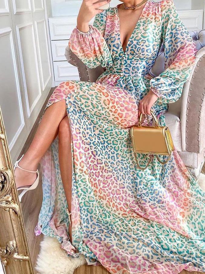 Women's Dresses Multicolor Leopard Print Deep V-Neck Long Sleeve Casual Dress - Maxi Dresses - INS | Online Fashion Free Shipping Clothing, Dresses, Tops, Shoes - 11/08/2021 - 40-50 - Category_Maxi Dresses