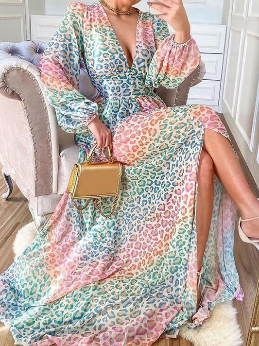 Women's Dresses Multicolor Leopard Print Deep V-Neck Long Sleeve Casual Dress - Maxi Dresses - INS | Online Fashion Free Shipping Clothing, Dresses, Tops, Shoes - 11/08/2021 - 40-50 - Category_Maxi Dresses