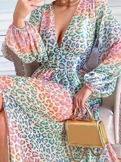 Women's Dresses Multicolor Leopard Print Deep V-Neck Long Sleeve Casual Dress - Maxi Dresses - INS | Online Fashion Free Shipping Clothing, Dresses, Tops, Shoes - 11/08/2021 - 40-50 - Category_Maxi Dresses