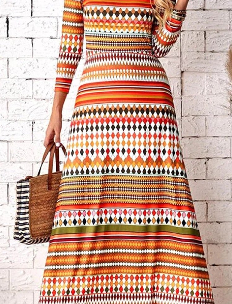 Women's Dresses Multicolor Striped Crewneck Long Sleeve Dress - Maxi Dresses - Instastyled | Online Fashion Free Shipping Clothing, Dresses, Tops, Shoes - 23/02/2022 - 30-40 - color-orange