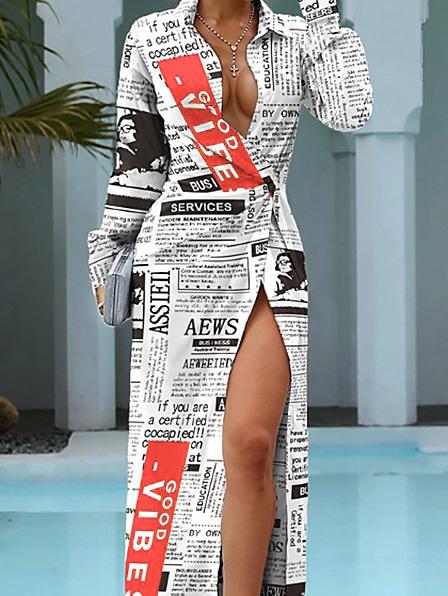Women's Dresses Newspaper Print Lapel Long Sleeve Shirt Dress - Maxi Dresses - INS | Online Fashion Free Shipping Clothing, Dresses, Tops, Shoes - 18/09/2021 - 30-40 - Category_Maxi Dresses