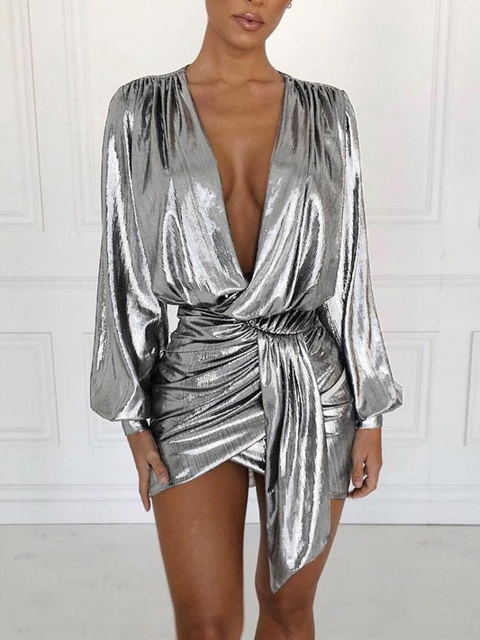 Women's Dresses Nightclub Bronzing Deep V-Neck Irregular Dress - Mini Dresses - Instastyled | Online Fashion Free Shipping Clothing, Dresses, Tops, Shoes - 02/12/2021 - 40-50 - color-beige