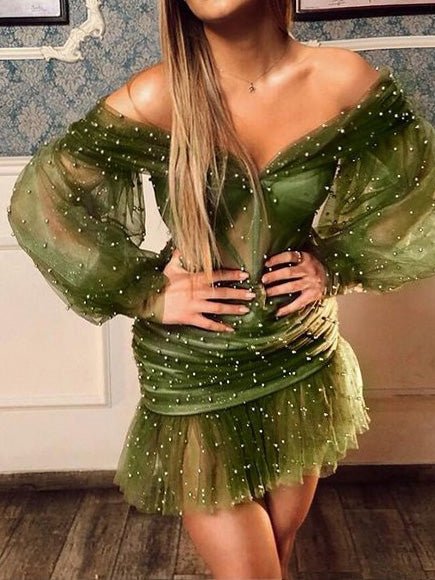 Women's Dresses Off Shoulder Mesh Beading Long Sleeve Dress - Mini Dresses - Instastyled | Online Fashion Free Shipping Clothing, Dresses, Tops, Shoes - 28/02/2022 - color-black - color-green
